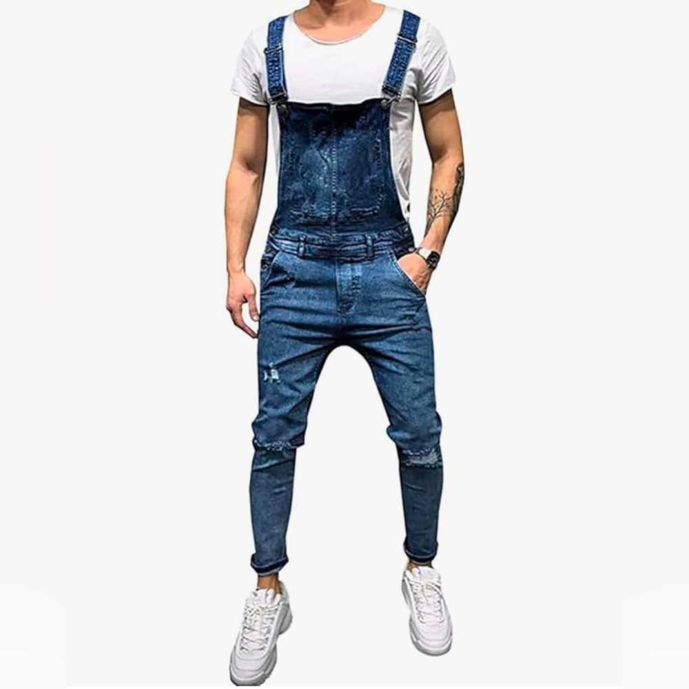 HUNGSON Denim Bib Overalls for Men Slim Fit Jumpsuit with Pockets Fashion Retro